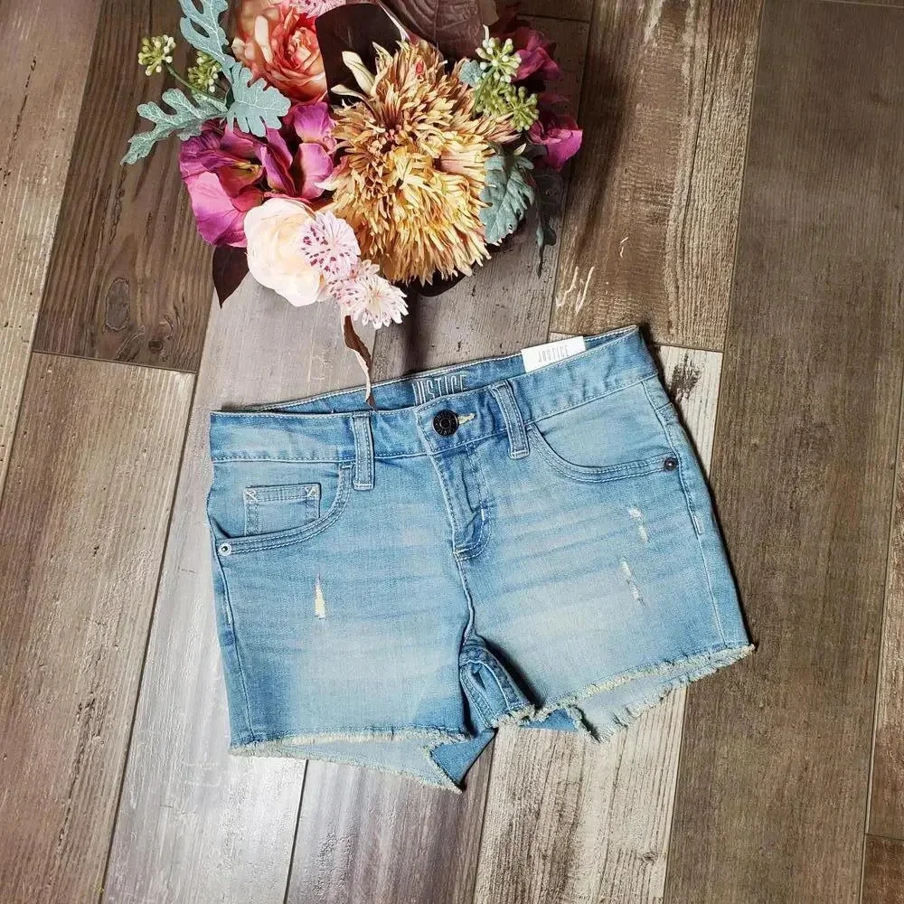 NWT Justice Girls Raw Hem Distressed Denim Shorts Size 10 Light Wash